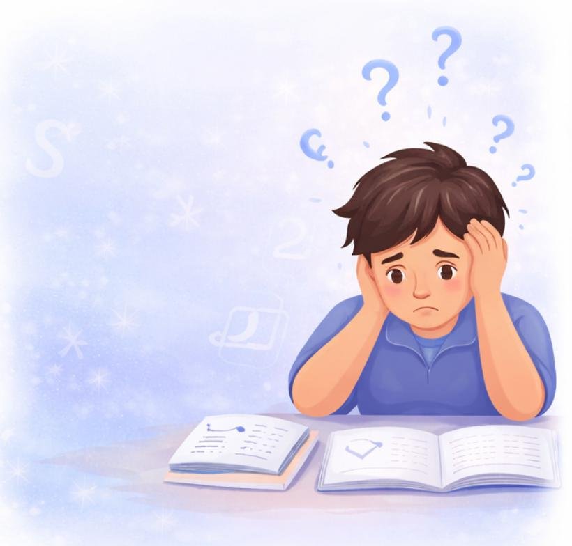 Illustration of a worried boy puzzling over his maths books