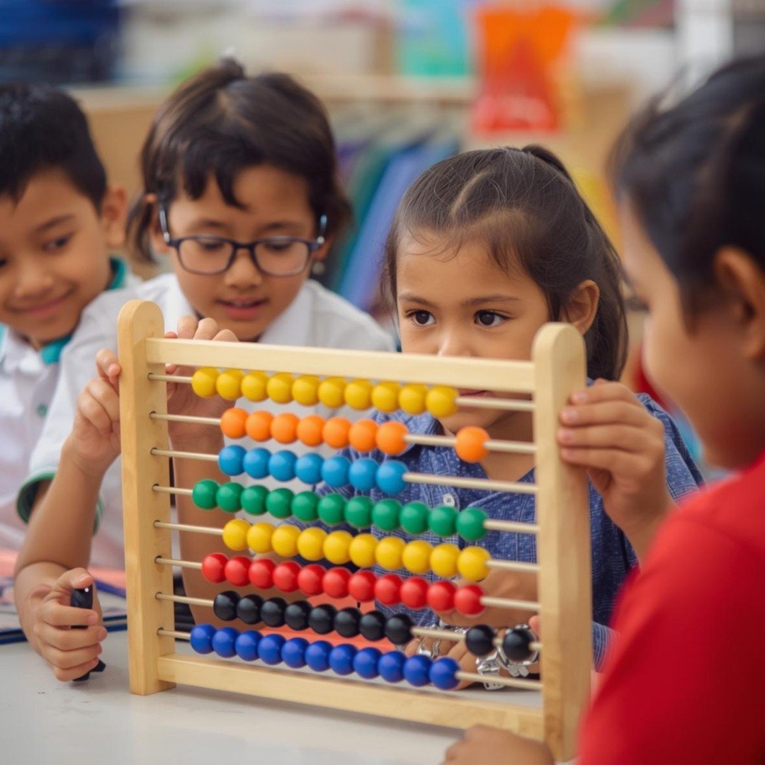 Young children counting with a colourful bead abacus