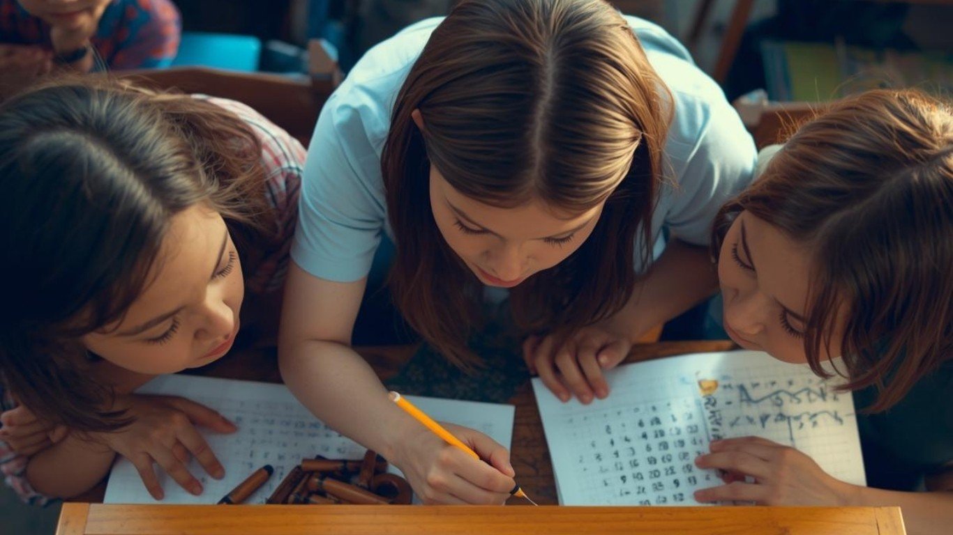 Three children working together on number worksheets